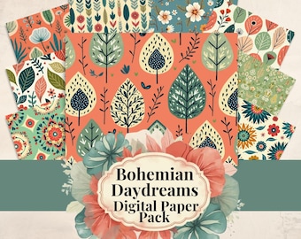 May include: A collection of digital paper sheets with various floral and leaf patterns in shades of coral, teal, and green. The text "Bohemian Daydreams Digital Paper Pack" is displayed with "30 Printable Pages" below.