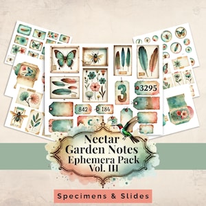 May include: A collection of watercolor ephemera, including butterflies, bees, feathers, and floral elements. The pack, titled "Nectar Garden Notes Ephemera Pack Vol. III," features tags with numbers and the words "Specimens & Slides."