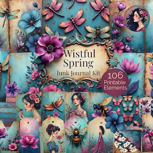 May include: A digital junk journal kit titled "Wistful Spring" with 106 printable elements. The design features illustrations of flowers, dragonflies, butterflies, and women, in shades of blue, pink, and purple.