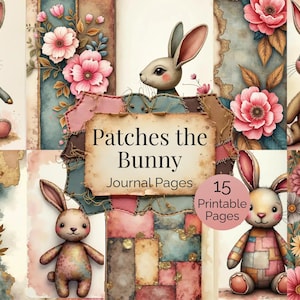 May include: A digital collage featuring watercolor illustrations of bunnies, flowers, and journal pages. The text "Patches the Bunny Journal Pages" and "15 Printable Pages" is displayed. The color palette includes pink, blue, and brown.