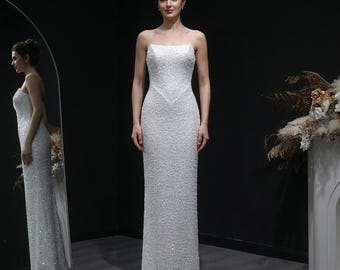White Beaded Strapless Maxi Dress, Elegant Slim Fit Evening Gown, Bridal Party Formal