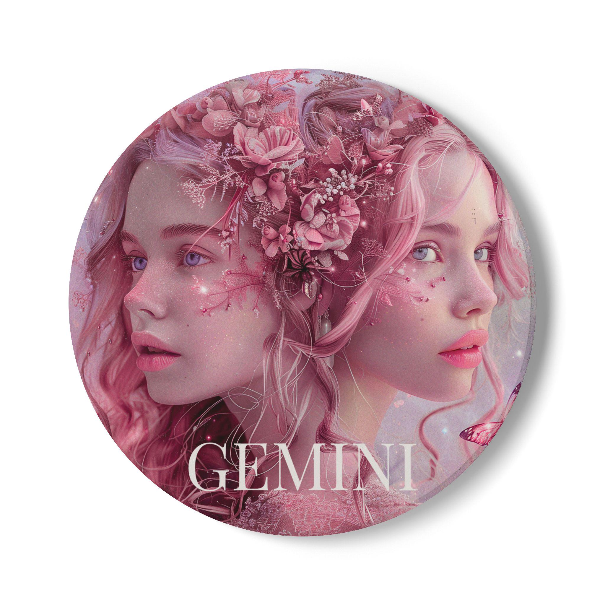 Discover Gemini Ceramic Coaster Pink Twin Muse Zodiac Art | Astrology Gift for Her