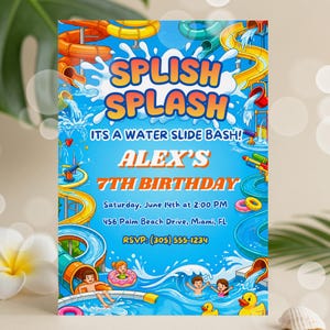 Invitación Splash Bash Cumpleaños, Fiesta Splish Splash Tobogán de Agua, Invitación Fiesta Piscina, Plantilla Imprimible Editable