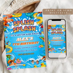 Puede incluir: Una invitación rectangular con temática de parque acuático azul, toboganes amarillos y naranjas, agua salpicando y dibujos de niños. El texto dice: SPLISH SPLASH ITS A WATER SLIDE BASH! ALEX'S 7TH BIRTHDAY Saturday, June 14th at 2:00 PM 456 Palm Beach Drive, Miami, FL RSVP: (305) 555-1234.