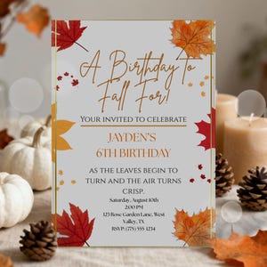 Plantilla de invitación de cumpleaños de otoño: Invitación a fiesta con hojas de otoño (Canva)