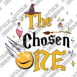 May include: A whimsical illustration featuring elements from a fantasy theme. The text "The Chosen One" is prominently displayed with a sorting hat, a potion bottle, a broom, and a golden snitch. Additional details include stars and a small creature.