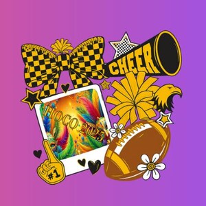 HOCO 2025 Jubel | Heimkommen Fußball Spiel Design | Gelb schwarz Schule Geist Clipart | Cheerleader Bogen Megaphon PNG | Cricut-Schnitt-Datei