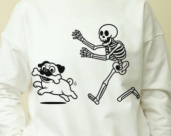 Camiseta divertida de carlino robando un hueso: camiseta con gráfico de perro de Halloween