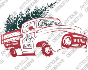 Projekt sublimacji na choinkę w stylu vintage z czerwoną ciężarówką | Retro Holiday PNG | Rustykalna koszulka świąteczna w stylu rustykalnym