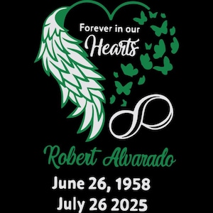 Forever in Our Hearts Memorial Art: Angel Wing, Butterflies, Infinity Symbol, Custom Name and Dates