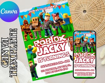 Roblox Invitation, Roblox Invite, Game Party, Roblox Boys Birthday Invitation Template, Game Birthday, Kids Roblox, Editable Template, Canva