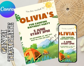 Editable Camping Birthday Invitation, Adventure Forest Camp Birthday Invitation template, Camper Birthday Invitation, Printable, Canva