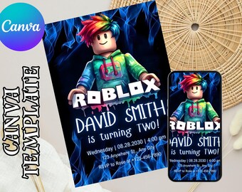 Roblox Invitation, Roblox Invite, Game Party, Roblox Boys Birthday Invitation Template, Game Birthday, Kids Roblox, Editable Template, Canva