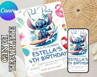 Editable Pool Party Stitch Girl Invitation, Pool Party Invitation, Stitch Pool Party Theme Girl Invite, Pool Birthday Party, Digital File