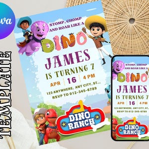 May include: A Dino Ranch-themed birthday invitation template with cartoon dinosaurs and characters. The invitation includes the text "James is turning 7" and event details. A phone displays the same design.