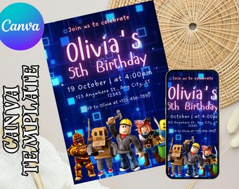 Roblox Invitation, Roblox Invite, Game Party, Roblox Boys Birthday Invitation Template, Game Birthday, Kids Roblox, Editable Template, Canva