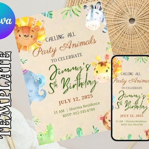 Könnte beinhalten: Canva-Vorlage für eine Geburtstagseinladung. Das Design zeigt Aquarellillustrationen eines Löwen, eines Elefanten, eines Zebras, einer Giraffe und eines Affen. Der Einladungstext lautet: "Calling All Party Animals to Celebrate Jimmy's 5th Birthday, 12. Juli 2025."