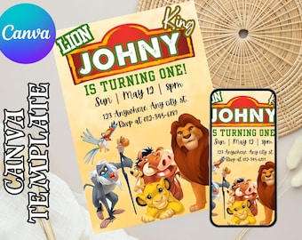 Watercolor Lion King Birthday Invitation, Simba Invitation, King Lion Invitation, Canva Template