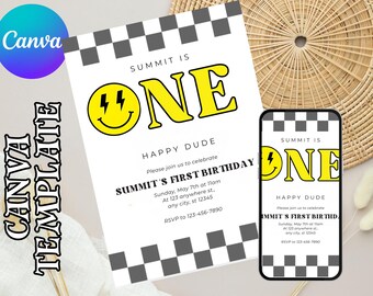 Invitation d'anniversaire visage sourire preppy, anniversaire groovy rétro modifiable, fête ado, préadolescente, anniversaire fille disco de tout âge Emoji
