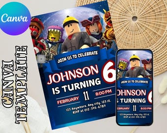 Roblox Invitation, Roblox Invite, Game Party, Roblox Boys Birthday Invitation Template, Game Birthday, Kids Roblox, Editable Template, Canva