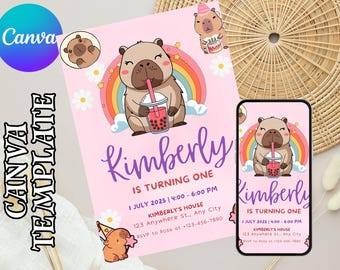 EDITABLE Capybara invitation , Capybara Birthday , Capy Birthday, Kawaii Capybara, Capybara Party Invite, Digital Template, Capybara Cute