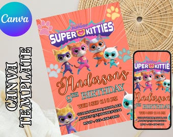 Printable Editable Super Kitty Invite, SuperKitty Birthday, SuperKitties Party invite template, Kitten Invitation Cute Invite