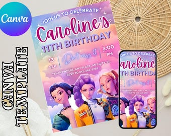 Kpop Demon Hunters Birthday Invitation - Editable Canva Template - Huntrix Golden White - Printable Birthday Party Invite Digital Download