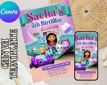 Gabby's Dollhouse Invite - Kids Birthday, Dollhouse Birthday, Editable Template, Dollhouse Party Invitation, Digital Invitation