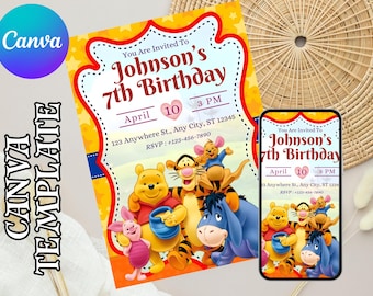 Könnte beinhalten: Eine Geburtstagseinladung mit Winnie Puuh und seinen Freunden. Die Einladung ist gelb mit einem rot-weißen Rand und enthält den Text "Johnson's 7. Geburtstag" und Veranstaltungsdetails. Ein Smartphone zeigt das gleiche Design.
