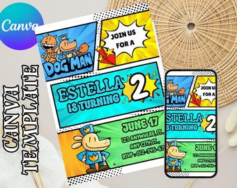 Bearbeitbare Hund Mann Geburtstagseinladung Vorlage | DogMan Kindergeburtstag Film einladen | Hund Mann Party einladen | Canva Vorlage | Sofort Download
