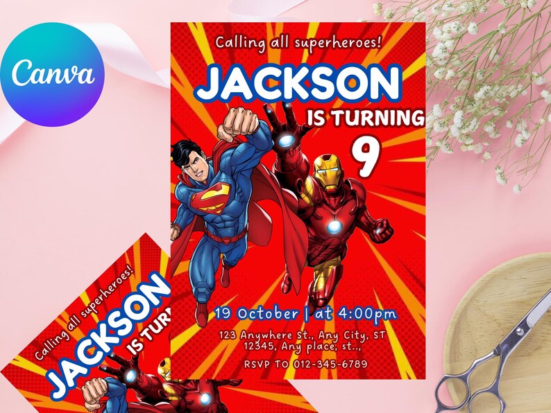 Editable Superheroes Birthday Invitation Template, Spider-man Iron Man ...