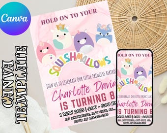 Squishmallow Birthday Invitation, Squishmallow Invitation, Squish Birthday Party, Girl Birthday Invite, Squishy Party Invite, Editable Canva