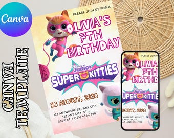 Printable Editable Super Kitty Invite, SuperKitty Birthday, SuperKitties Party invite template, Kitten Invitation Cute Invite