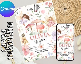 Fairy First Birthday Invitation Girl, Boho Arch Fairy 1st Birthday Invite, Garden, Enchanted Garden Fairy Invitation, Birthday Girl