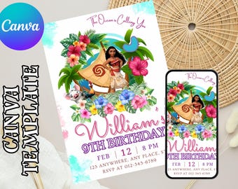 Editable Moana Invitation, Moana Invite, Kids Theme Party Digital Birthday Invite, Hawaiian Kids Party Template, Instant Download Invitation