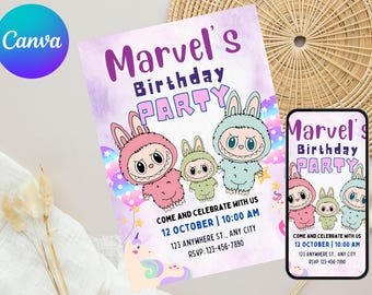 Invito per la festa di compleanno di Labubu, festa di compleanno di Labubu, invito di compleanno di Labubu, modello di invito, invito stampabile, download digitale