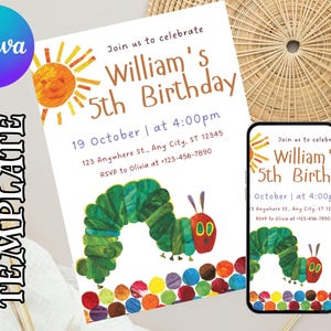 May include: A birthday invitation featuring a colorful illustration of a green caterpillar with a red head and a sun. The invitation reads "William's 5th Birthday" with event details. A phone displays the same design.