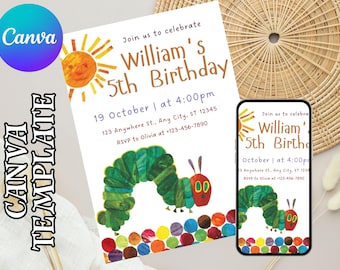Very Hungry Caterpillar First Birthday Invitation Birthday Party Invite Printable Editable Decoration Template Digital Printed Décor