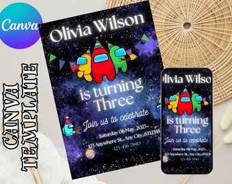 Among us invitation Birthday Invitation | Kids Birthday Invitation | Amoung us Game invite | Digital Editable Personalized Canva Printable
