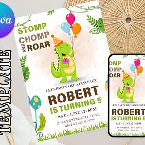 May include: A birthday party invitation template with a green dinosaur holding balloons and a gift. The invitation reads "Stomp Chomp and Roar" and "Robert is turning 5". The Canva template includes event details.