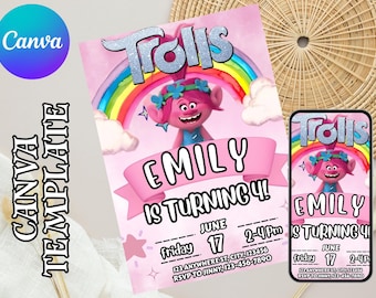 Trolls invitation, Trolls Birthday Invite Printable, Trolls Craziest Party Birthday Invitation, Digital Trolls Party Editable Template Canva