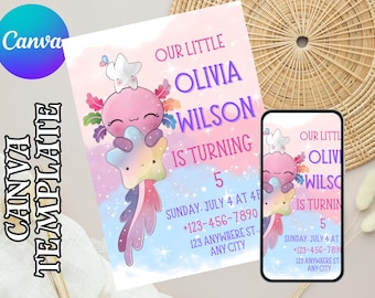 Axolotl Birthday Invitation, Pink Girl Axolotls Invite, Editable Axolotl Birthday Invitation Template, Printable Axolotls Party Invite