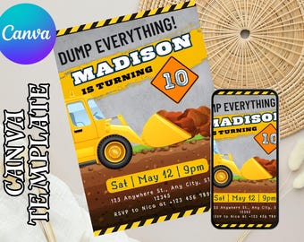 Construction Birthday Invitation, Dump Truck Birthday Invite, Construction Invitation, Printable template Digital Instant download