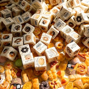 May include: A collection of miniature baked goods and small boxes with Japanese text and illustrations of donuts and pastries. The assortment includes donuts, bread, and other baked items in various shapes and colors, creating a visually appealing display.
