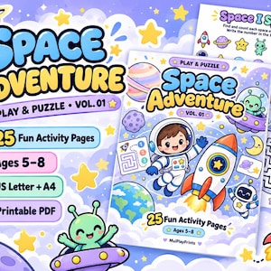 May include: A Space Adventure Play & Puzzle Vol. 01 activity book featuring 25 fun activity pages for ages 5-8. The cover displays a cartoon astronaut, a rocket ship, and an alien in a UFO against a purple starry sky. Includes printable PDF.