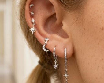 Star and Moon-oorbellenset: zilveren sierlijke stapel oorbellen