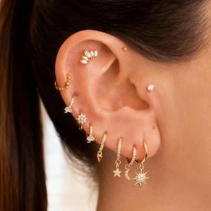 Könnte beinhalten: Ein Ohr mit mehreren goldenen Ohrringen und Piercings. Die Ohrringe umfassen kleine Creolen, Stern- und Mondanhänger sowie Ohrstecker mit klaren Edelsteinen. Es gibt auch eine Ansammlung kleiner, weißer Edelstein-Ohrstecker.