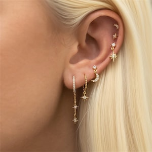 Set di 6 orecchini a forma di stella e luna, orecchini scintillanti in argento da regalare tutti i giorni, orecchini pendenti con zirconi cubici dorati, orecchini impilabili per più piercing