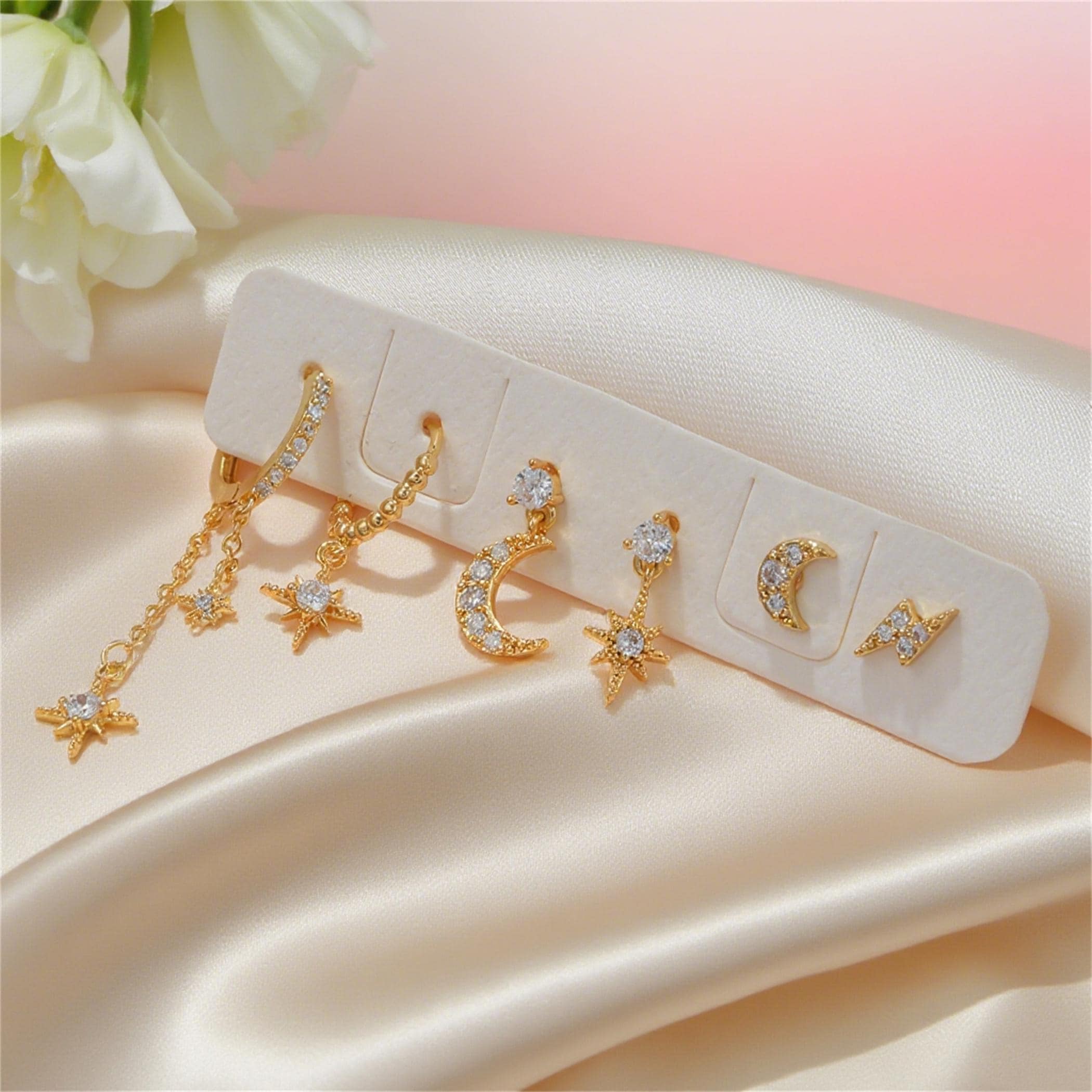 Star and Moon Dangle Earrings Set, CZ Gold and Silver, Multiple