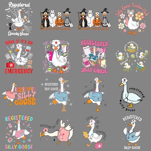 Puede incluir: Una colección de ilustraciones caprichosas con gansos en varios escenarios. Algunos gansos están vestidos como médicos, otros con disfraces de Halloween, y algunos con texto que dice "Registered Silly Goose" y "Honk if it's an emergency".